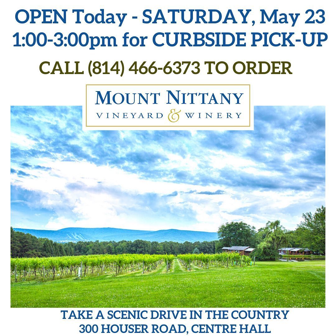 Celebrate Memorial Day Weekend with wine from Mount Nittany Winery. Place your order ahead - we'll take your calls starting at 11am today (5/23), with pick-up from 1-3pm. Closed Sunday and Monday. Call (814) 466-6373. #mtnittanywinery #mountnittanywinery 